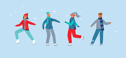 Happy Characters Skating on Ice Rink. Winter Season People Ice Skaters. Cheerful Man and Woman in Winter Clothes on Snowy Landscape. Vector illustration