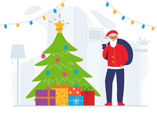 Santa Claus with Gift Bag and Christmas Tree. Cute Flat Winter Holidays Character. Happy New Year Greeting Card with Santa and Presents. Vector illustration