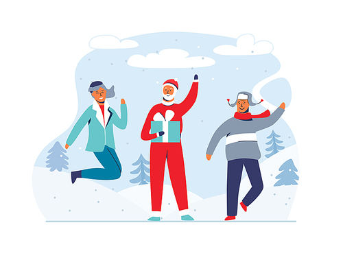 Christmas Santa Claus with Happy People on Snowy Background. Cute Flat Winter Holidays Characters. Happy New Year Greeting Card with Santa and Gifts. Vector illustration