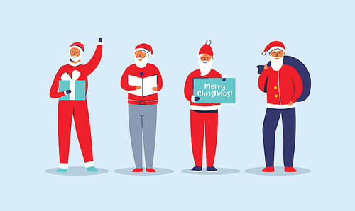 Christmas Santa Claus Set. Cute Flat Winter Holidays Characters. Happy New Year Greeting Card with Santa and Gifts. Vector illustration