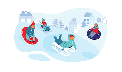 Girls and Boys Sledding. Children Characters Having Fun on Winter Holidays. Happy People Playing Outdoors in the Snow. Vector illustration
