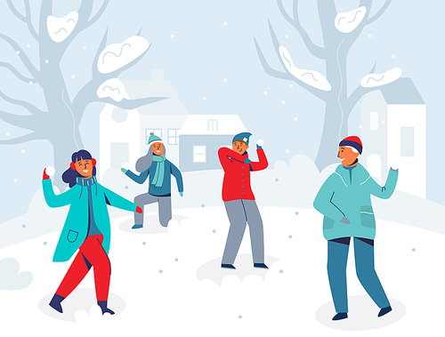 Winter Characters Playing Snowballs. Joyfull People Having Fun in Snow. Boys and Girls Throwing Snowball. Vector illustration