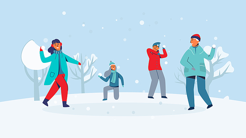 Winter Characters Playing Snowballs. Joyfull People Having Fun in Snow. Boys and Girls Throwing Snowball. Vector illustration