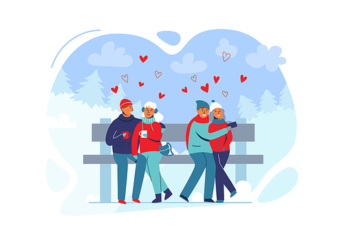 Young Couple in Love in Winter Clothes on Snowy Landscape. Happy Man and Woman Together in Park with Christmas Trees. Vector illustration