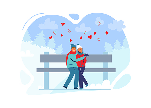 Young Couple in Love in Winter Clothes on Snowy Landscape. Happy Man and Woman Together in Park with Christmas Trees. Vector illustration