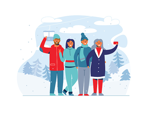 Winter Holidays People on Ski Resort. Happy Characters Taking Selfie with Smartphone. Cartoon Man and Woman on Snowy Landscape. Vector illustration
