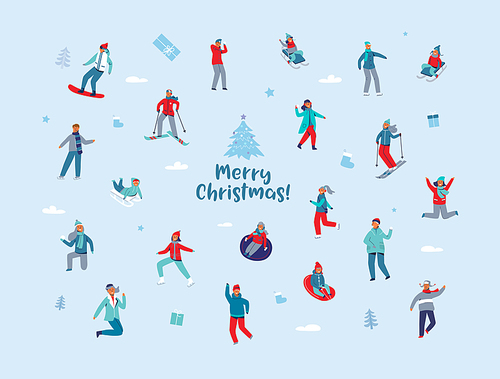 Winter Holidays Characters. Happy People in Different Winter Activities Skiing, Snowboarding, Ice Skating. Man and Woman in Warm Clothes Sport Activity. Vector illustration