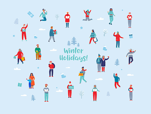 Winter Holidays Characters. Happy People in Different Winter Activities with Shopping Bags and Gifts. Man and Woman in Warm Clothes, Santa Claus. Vector illustration
