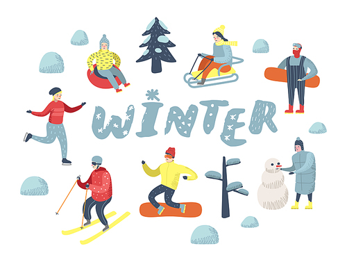 Flat People Characters on Happy Vacation. Winter Sports Sledding, Snowboard, Ski. Vector illustration
