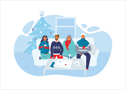Happy Friends Celebrating Christmas Together at Home. Characters on Winter Holidays with Christmas Tree. Two Couples on New Year. Vector illustration