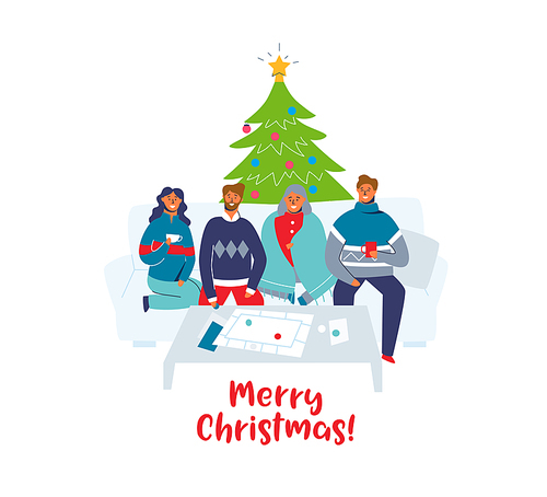 Happy Friends Celebrating Christmas Together at Home. Characters on Winter Holidays with Christmas Tree. Two Couples on New Year. Vector illustration