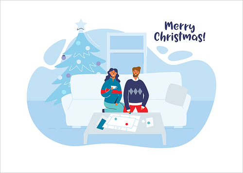 Happy Couple Celebrating Christmas Together at Home. Characters on Winter Holidays with Christmas Tree. Vector illustration
