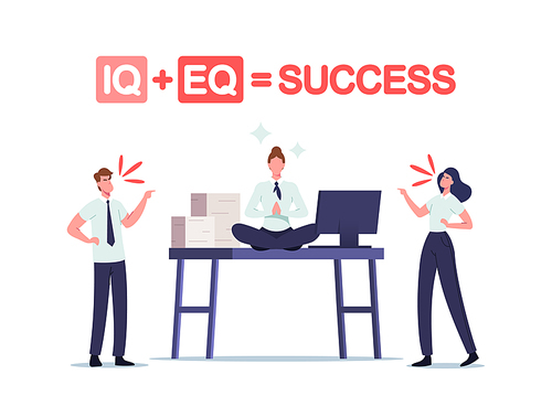 Iq and Eq Equal Success Concept. Office People Quarrel at Working Desk with Relaxed Businesswoman Sit in Meditation Yoga Lotus Pose. Empathy Skills, Emotional Intelligence. Cartoon Vector Illustration