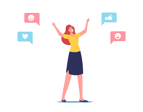 Empathy, Emotional Intelligence Concept. Cheerful Female Character with Positive Social Media Icons around. Smiling and Laughing Woman Friendly Behavior or Communication. Cartoon Vector Illustration