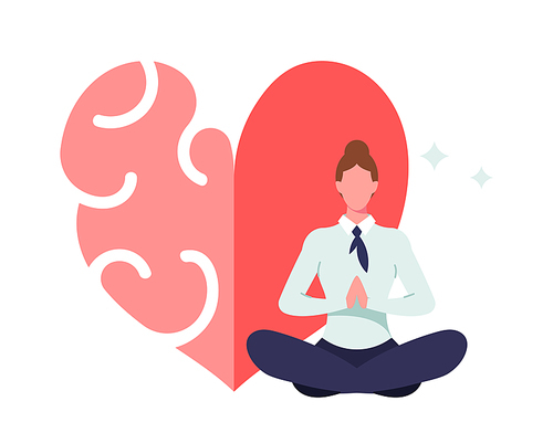 Relaxed Female Character Meditate in Yoga Lotus Pose near Huge Heart Separated on Two Parts Feelings and Brain. Iq and Eq Intelligence, Balance and Harmony Concept. Cartoon Vector Illustration
