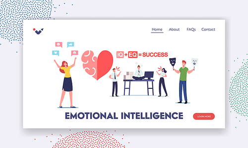 Emotional Intelligence Landing Page Template. Iq and Eq Concept. Characters Show Empathy, Communication Skills, Reasoning and Persuasion, People Communicate to Each Other. Cartoon Vector Illustration