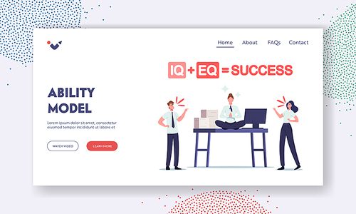 Iq and Eq Equal Success Ability Model Landing Page Template. Office People Quarrel at Working Desk with Relaxed Businesswoman Meditate. Empathy, Emotional Intelligence. Cartoon Vector Illustration