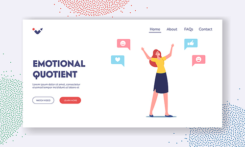 Emotional Intelligence Quotient Landing Page Template. Empathy, Cheerful Female Character with Positive Social Media Icons around. Woman Friendly Behavior or Communication. Cartoon Vector Illustration