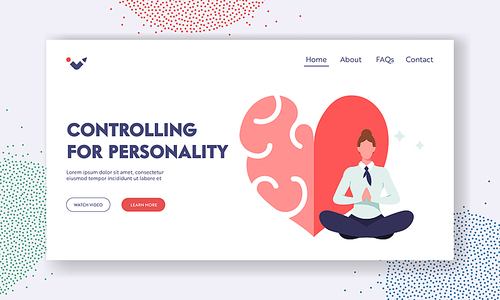 Iq and Eq Intelligence, Balance and Harmony Landing Page Template. Relaxed Female Character Meditate near Huge Heart Separated on Two Parts Feelings and Brain. Cartoon Vector Illustration