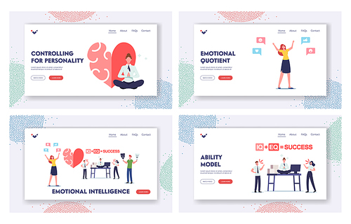 Emotional Intelligence Landing Page Template Set. Iq and Eq Concept. Characters Show Empathy, Communication Skills, Reasoning and Persuasion, People Communicate, Meditate. Cartoon Vector Illustration