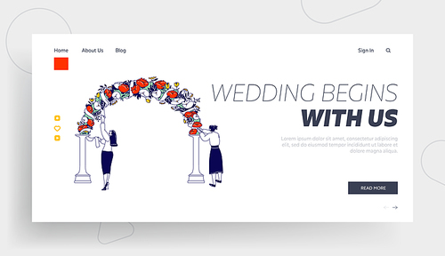 Characters Decorate Arch for Outdoor Marriage Ceremony Landing Page Template. Women Installing Wedding Decor with Beautiful Flowers and Ribbons. Event Agency Staff Working. Linear Vector Illustration