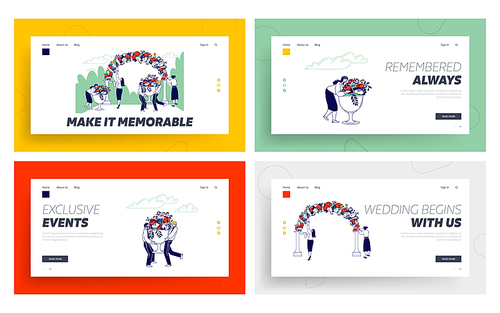 Wedding Agency Staff Decorate Outdoor Area for Marriage Ceremony Celebration Landing Page Template Set. Characters Bring Flowers and Bows Decoration for Arch. Linear People Vector Illustration