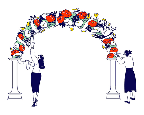 Women Installing Wedding Decor. Couple of Female Characters Decorate Arch for Outdoor Marriage Ceremony with Beautiful Flowers and Ribbons. Event Agency Staff Working. Linear Vector Illustration