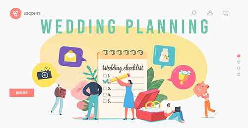 Couple Planning Wedding Landing Page Template. Tiny Loving Characters at Huge Planner Filling Checklist before Marriage Ceremony. Love, Event Organization, Holiday. Cartoon People Vector Illustration