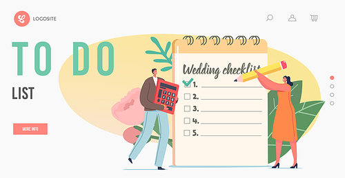 Holiday Event Organization Landing Page Template. Couple Planning Wedding, Tiny Characters at Huge Planner Filling Checklist, Calculate Cost of Marriage Ceremony. Cartoon People Vector Illustration