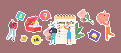 Set of Stickers Couple Planning Wedding, Male and Female Characters at Planner Filling Checklist before Marriage Ceremony. Gold Rings, Piggy Bank, Flowers and Money. Cartoon People Vector Illustration