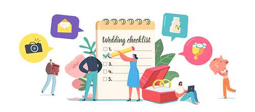 Couple Planning Wedding Concept, Tiny Male and Female Characters at Huge Planner Filling Checklist before Marriage Ceremony. Love, Event Organization, Holiday. Cartoon People Vector Illustration