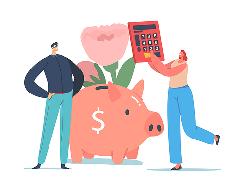 Couple Planning Wedding Concept, Tiny Male and Female Characters at Huge Piggy Bank Counting Marriage Ceremony Cost with Calculator. Holiday Event Organization. Cartoon People Vector Illustration