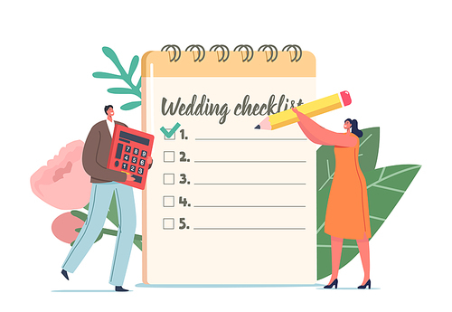 Holiday Event Organization Concept. Couple Planning Wedding, Tiny Male and Female Characters at Huge Planner Filling Checklist, Calculate Cost of Marriage Ceremony. Cartoon People Vector Illustration