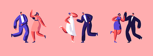 Love Wedding Day and Marriage Event Set. Groom in Suit Dancing with Bride in White Dress. Young Happy Couple Getting Married. Friends and Girlfriends Dancing nearby. Cartoon Flat Vector Illustration