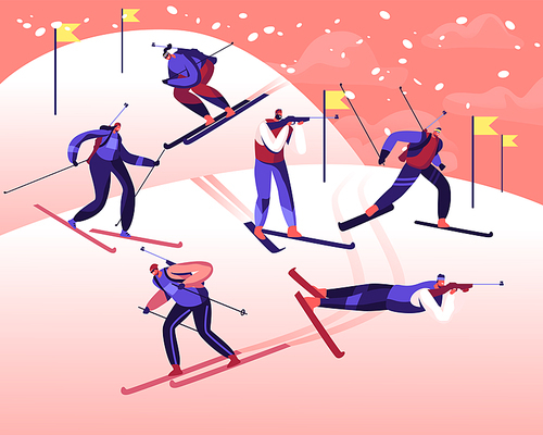 Biathlon Tournament World Cup Competition. Male and Female Characters on Rout Skiing and Shooting by Targets. Olympic Games Championship Sportsmen Sportswomen on Track Cartoon Flat Vector Illustration