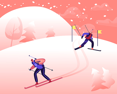 People Skiing Downhill during Biathlon Competition. Sportsmen Skiers Cross Country at Winter Season. Sport Activity Lifestyle at Mountain with Snow and Cold Weather. Cartoon Flat Vector Illustration