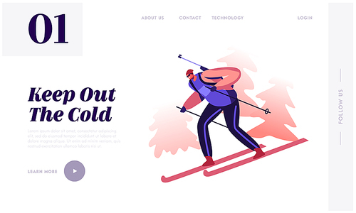 Sportsman Skier Cross at Winter Season Biathlon Tournament Website Landing Page. Professional Shooter Compete or Training Take Part in Olympic Games Web Page Banner. Cartoon Flat Vector Illustration