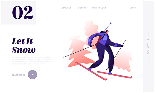 Winter Sport and Healthy Lifestyle Website Landing Page. Happy Biathlete woman Riding Skis with Rifle on Back Taking Part in Biathlon Competition Web Page Banner. Cartoon Flat Vector Illustration