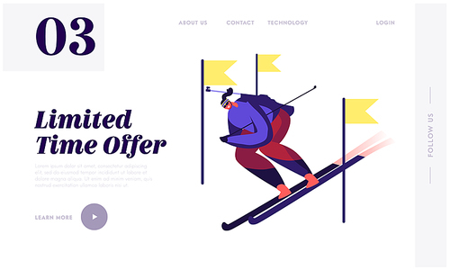 Sportsman Skiing Downhill during Biathlon Competition Website Landing Page. Skier Sport Activity Lifestyle at Mountain with Snow and Cold Weather Web Page Banner. Cartoon Flat Vector Illustration