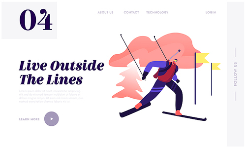 Biathlon Race Skiing Website Landing Page. Sportsman Running Route. Athlete Racer Biathlete Taking Part in World Cup Competition. Winter Sport Concept Web Page Banner. Cartoon Flat Vector Illustration