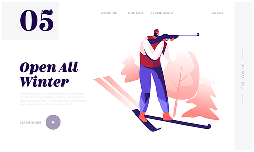 Biathlon Website Landing Page. Rifleman Athlete with Rifle Preparing to Shooting Aiming to Target Standing in Hunting Position. Wintertime Sports Web Page Banner. Cartoon Flat Vector Illustration