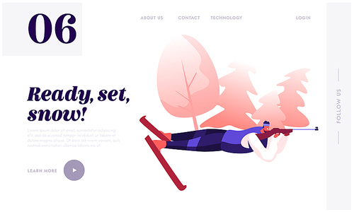 Winter Sports Website Landing Page. Participant Take Part in Biathlon Competition. Sportsman in Skis and Sport Costume Lying on Ground Aiming to Target Web Page Banner Cartoon Flat Vector Illustration