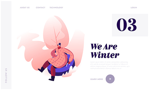 Wintertime Vacation Leisure and Recreation Website Landing Page. Young Cheerful Woman Riding Tubing Downhill. Winter Holidays Spare Time Activity Web Page Banner. Cartoon Flat Vector Illustration
