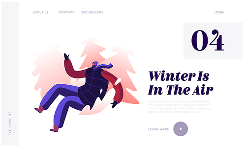 Man Sliding Off Snow Hill at Park Website Landing Page. Young Cheerful Male Character in Sledging on his Buttocks Downhills. Outdoors Winter Activity Web Page Banner. Cartoon Flat Vector Illustration