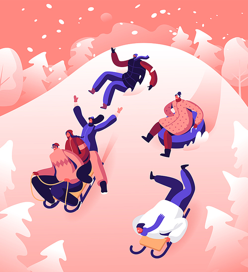 Happy People Friends Company Performing Leisure Outdoor Activities Riding Downhill by Sleds and Tubing. Characters Have Fun at Winter Day Christmas Holidays Spare Time Cartoon Flat Vector Illustration