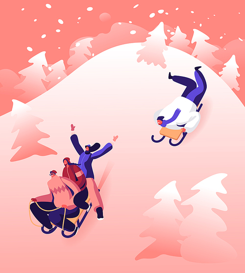 Group of Playful Young People Having Outdoors Fun Riding Sleds in Public City Park or Mountain Resort. Laughing Youth Going Downhills by Sledge at Sunny Winter Day. Cartoon Flat Vector Illustration