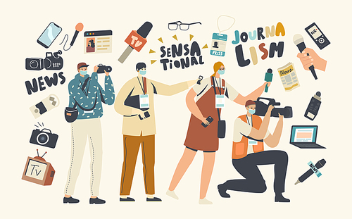 Journalistics Profession Concept. Journalists and Cameraman Male and Female Characters with Professional Equipment Microphones, Camera and Badges Recording News. Linear People Vector Illustration