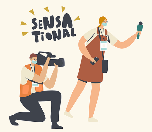 Journalists Shooting Sensational News, Cinema Award Ceremony or Festival. Paparazzi Characters Waiting Celebrity or Show Business Stars Appearance, Journalistics. Linear People Vector Illustration