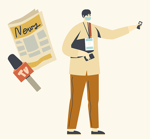 Journalist Male Character Wearing Face Mask Holding Microphone for Interviewing. News Broadcasting, Journalistics Professional Occupation, Mass Media Newspaper Concept. Linear Vector Illustration