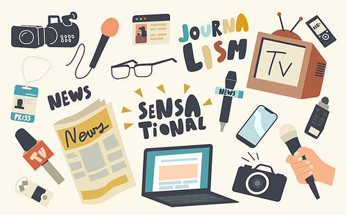 Set of Icons Journalistics Profession Theme. Microphone, Photo or Video Camera, Laptop and Newspaper, Tv Set, Eyeglasses, and Badge for Press Confrenece. Journalist Tools. Linear Vector Illustration